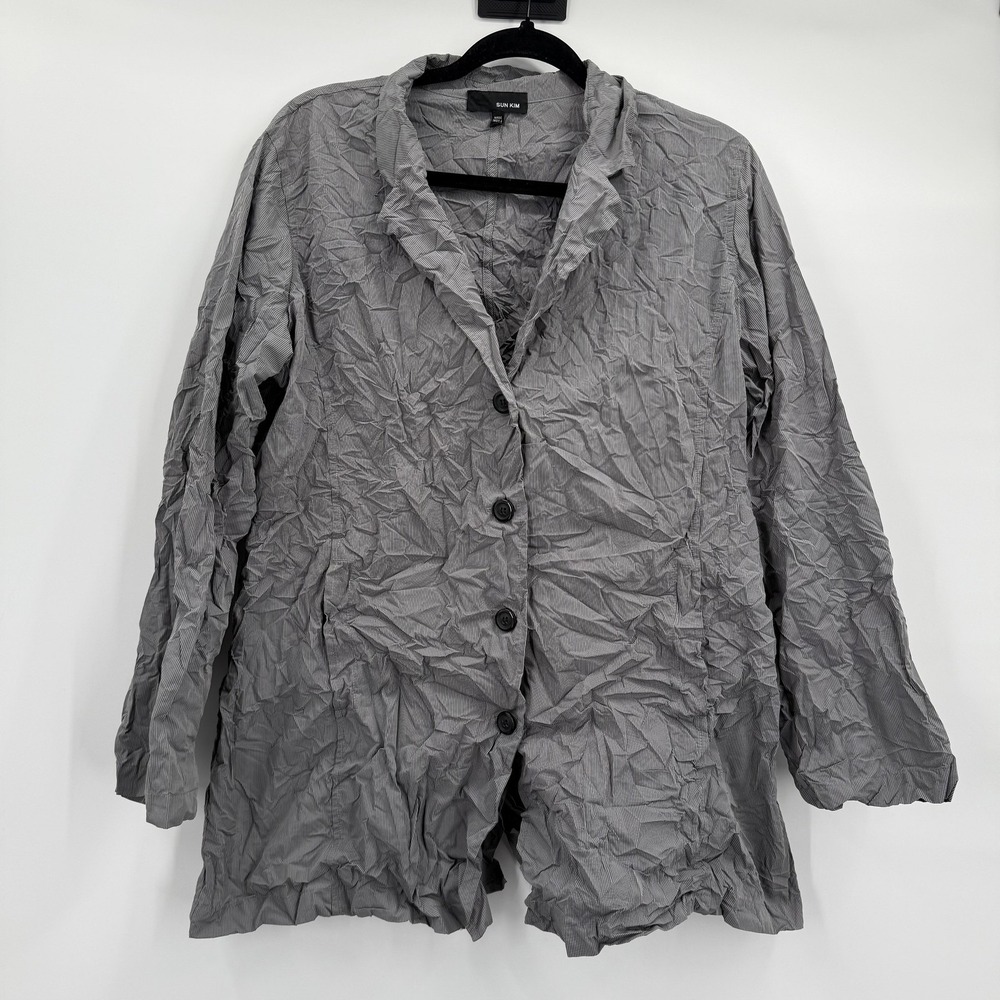 Sun‎ Kim Jacket Womens Medium Gray Crinkle Pinstripe Button Made in USA